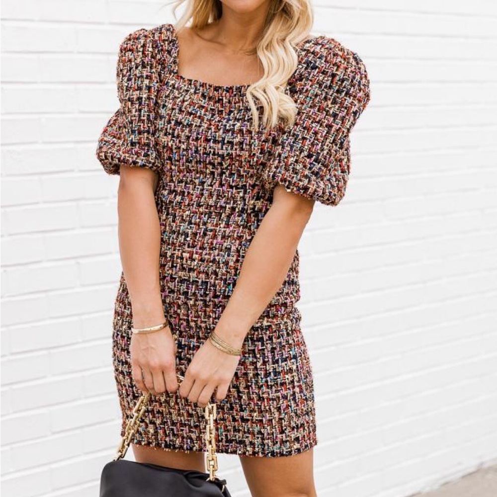 Pink Lily - Life Of The Party Multi Puff Sleeve Tweed Dress -Size XS